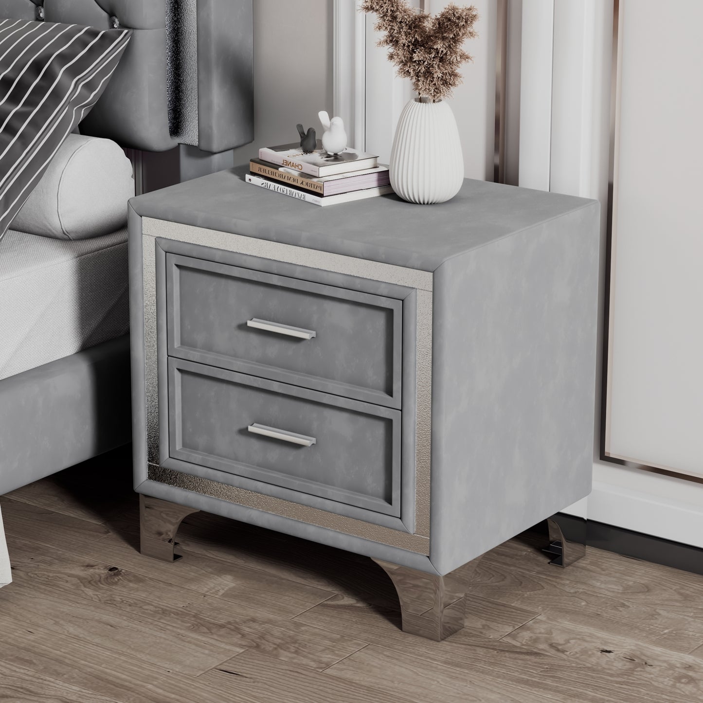 Gray velvet nightstand with two drawers and silver handles