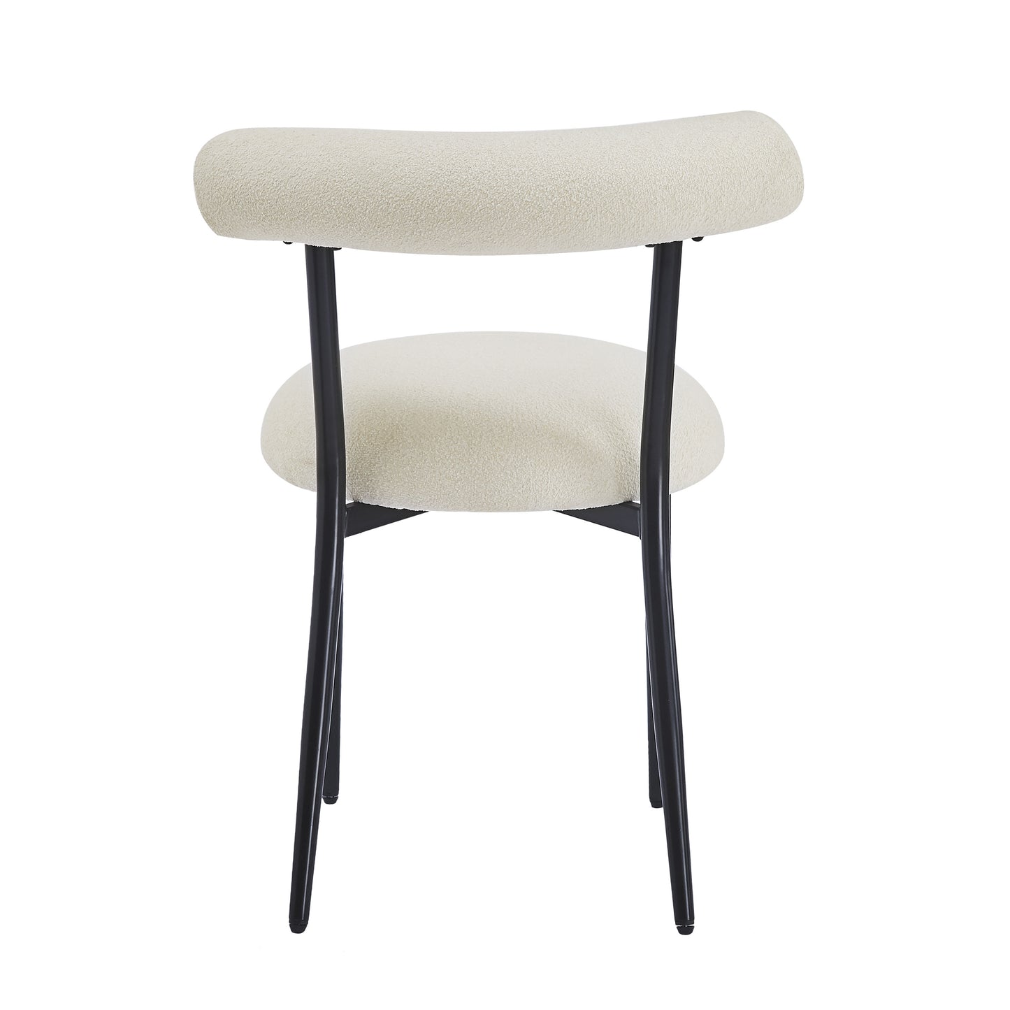 Cream boucle dining chair with curved back and black metal legs