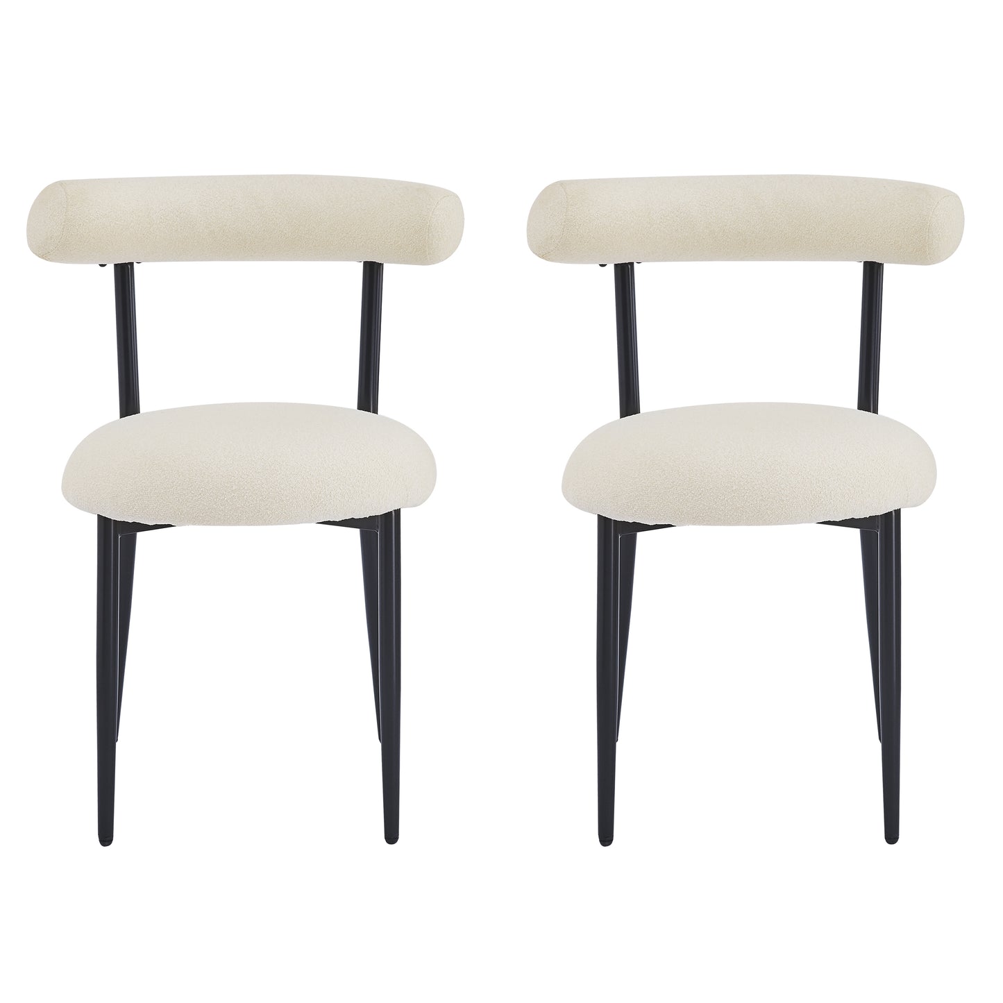 Two cream boucle dining chairs with black metal legs