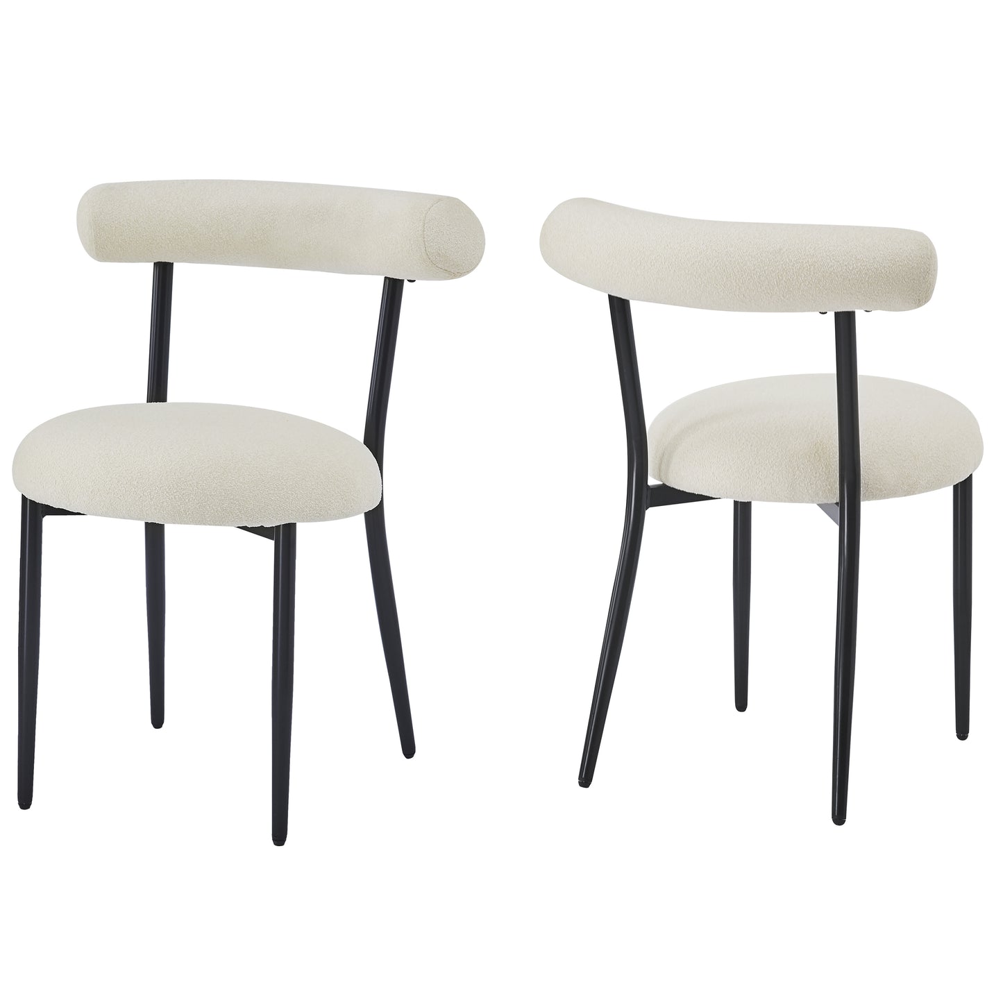 Boucle fabric dining chair with a curved back and black metal legs
