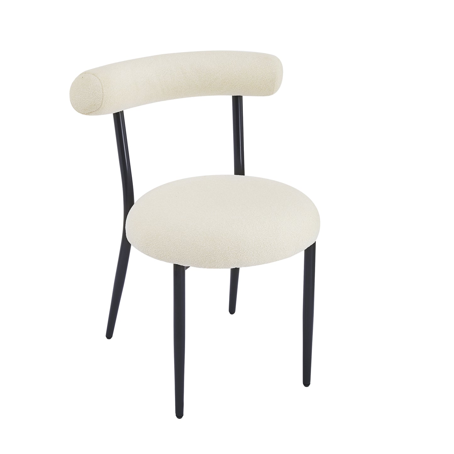 Cream boucle fabric chair with curved back and black metal legs