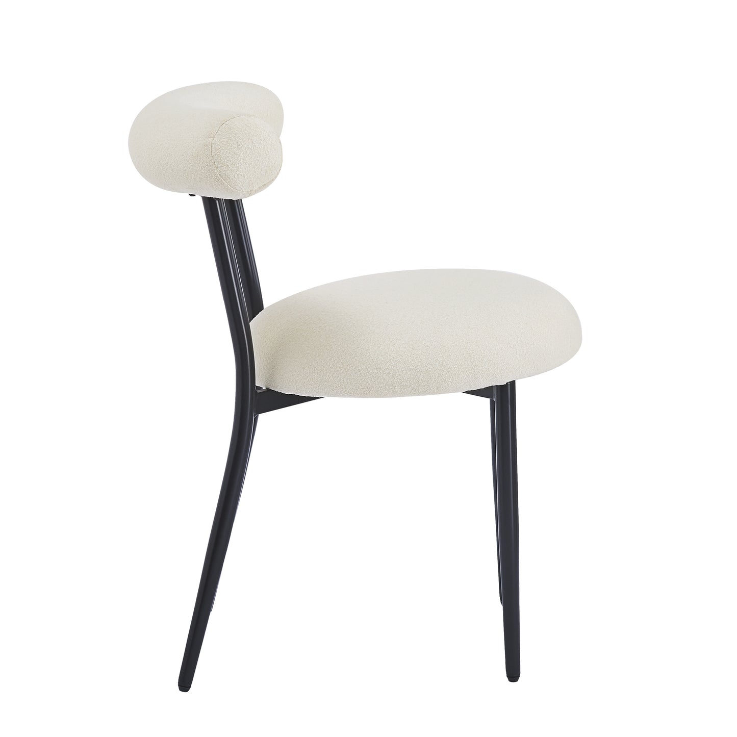 Boucl fabric dining chair in cream with sleek black metal legs and a rounded back
