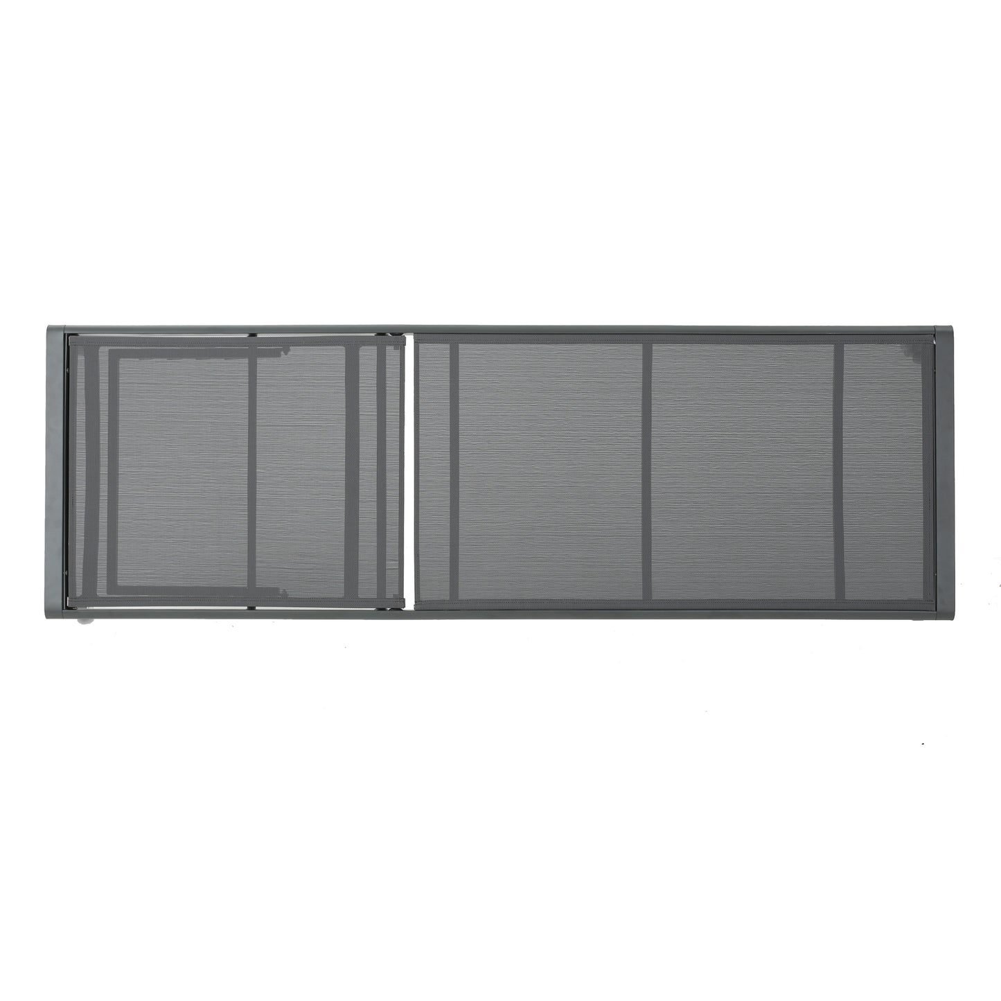 Dark grey metal patio screen gate with mesh fabric inserts