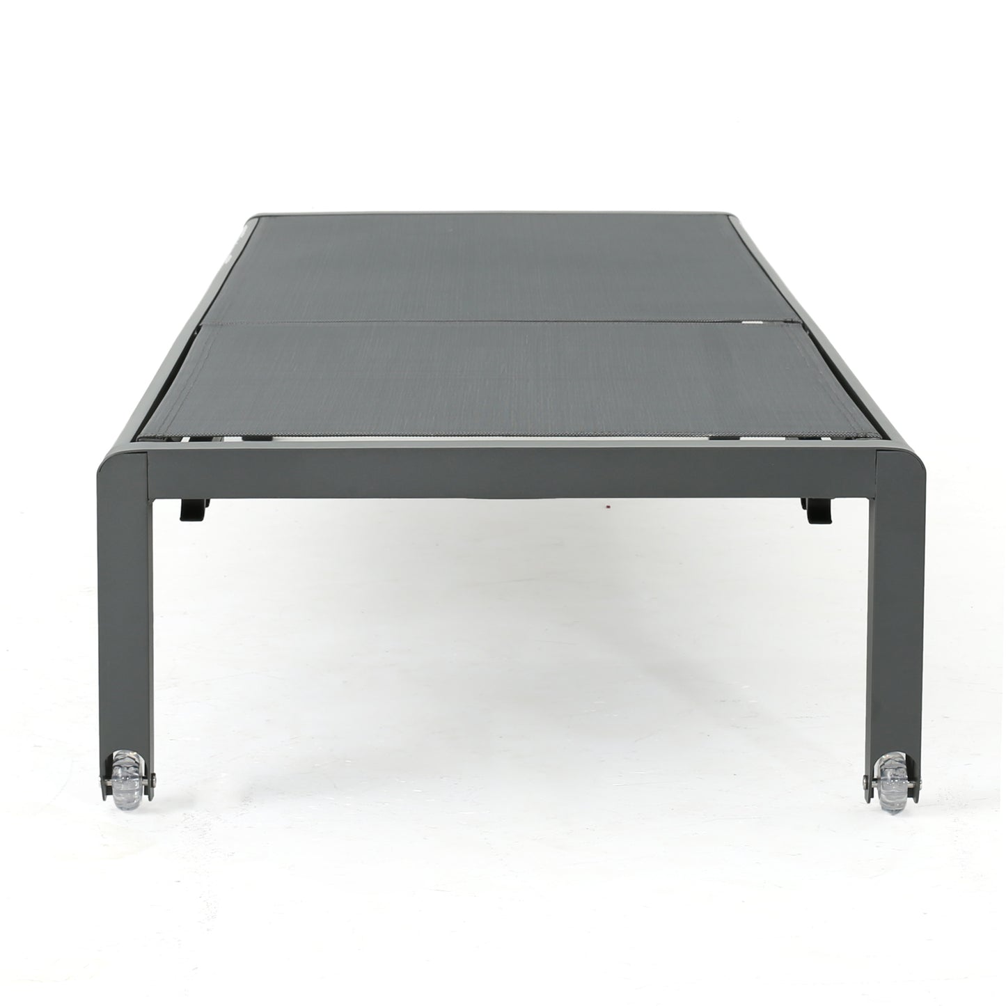 Gray modern outdoor coffee table with dark gray fabric top and rolling casters