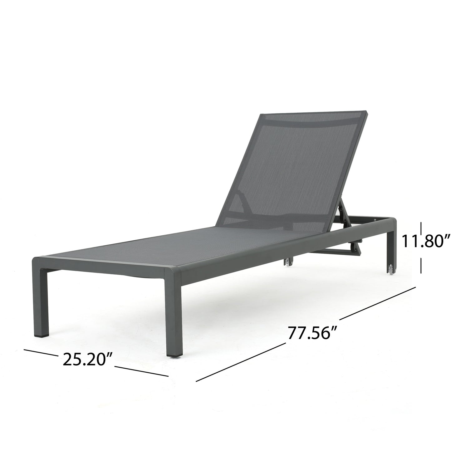 Modern grey aluminum outdoor chaise lounge with adjustable back and wheels