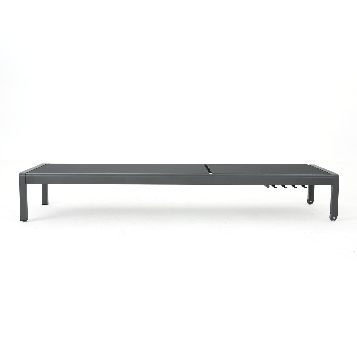 Dark gray aluminum outdoor chaise lounge with adjustable backrest and wheels