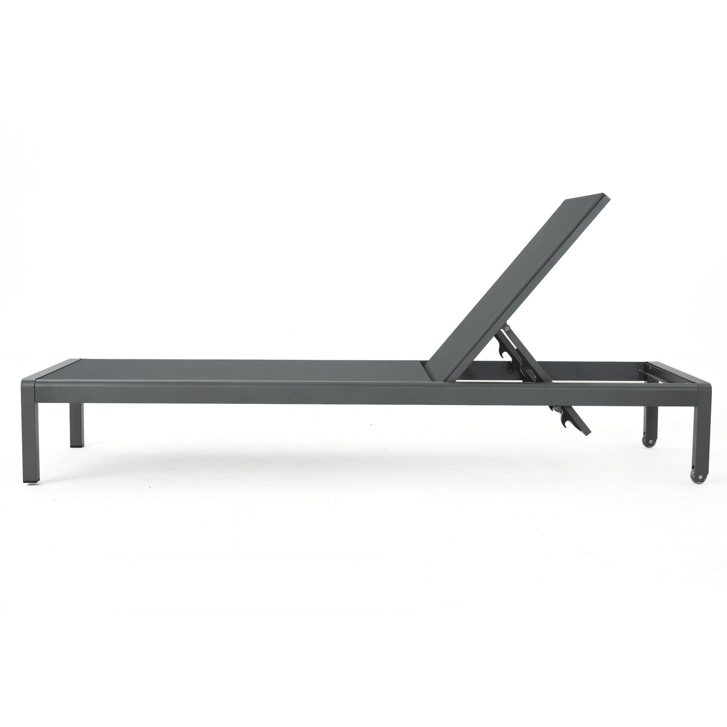Gray aluminum outdoor chaise lounge with adjustable backrest and wheels