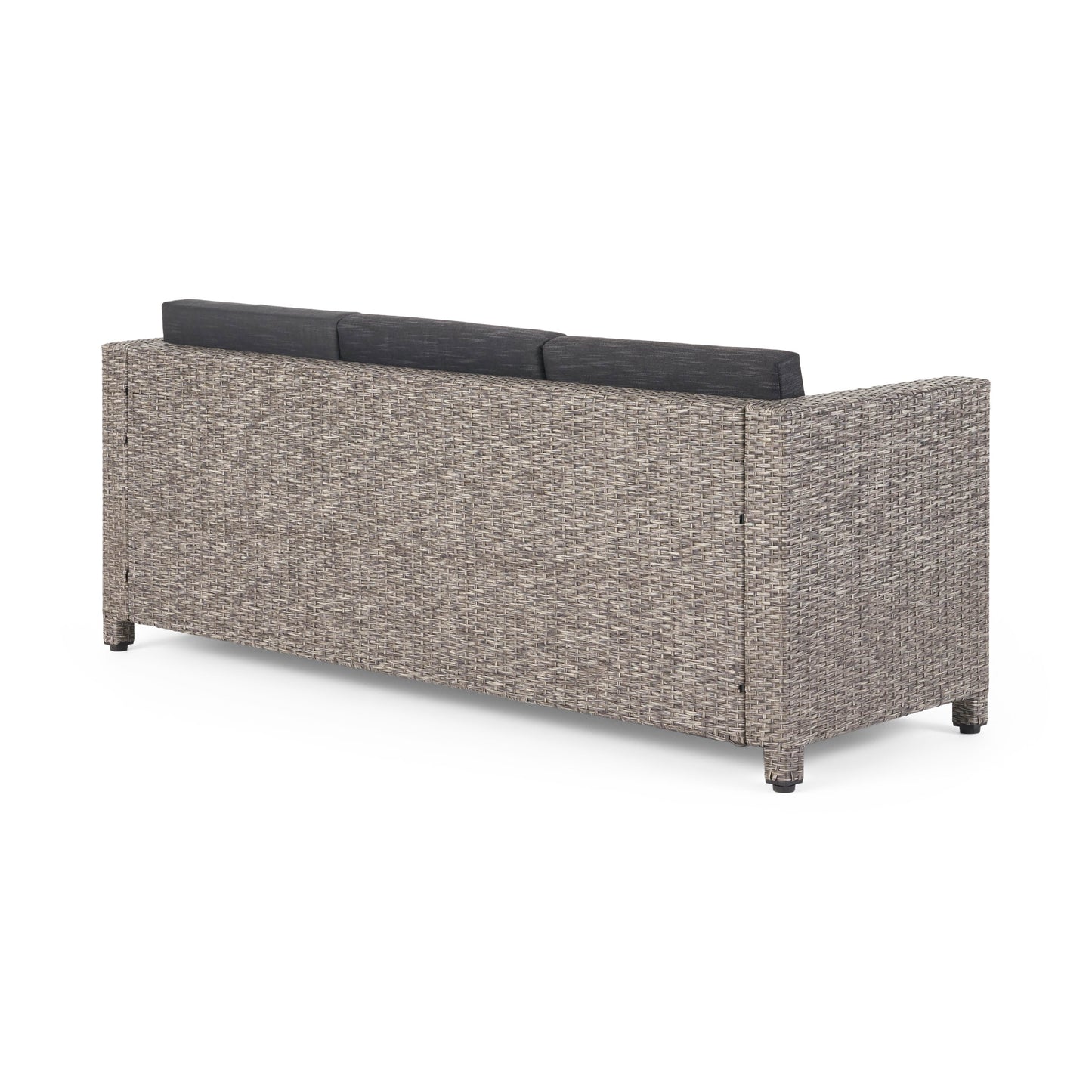 Gray wicker outdoor sofa with dark gray cushions
