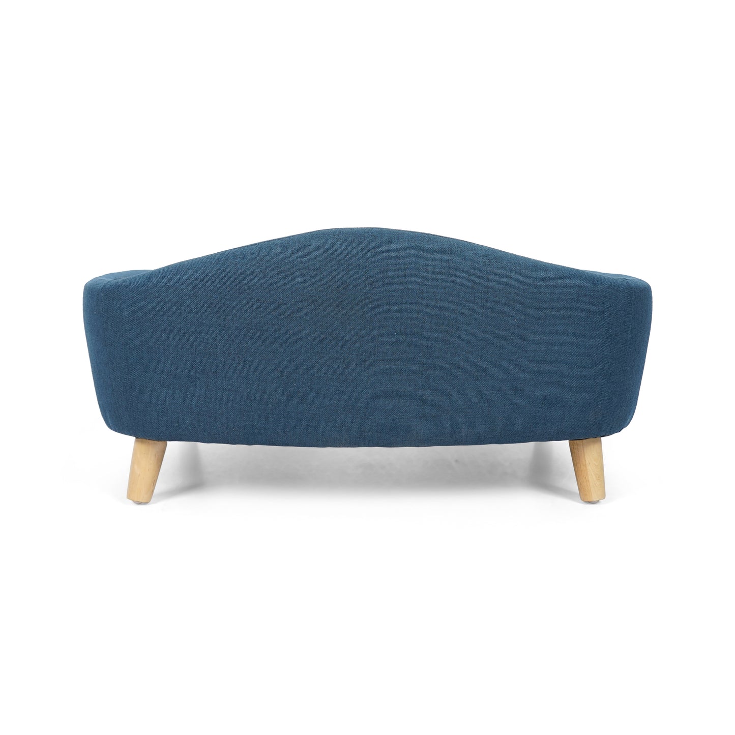 Blue fabric dog sofa with tapered wooden legs and a curved back
