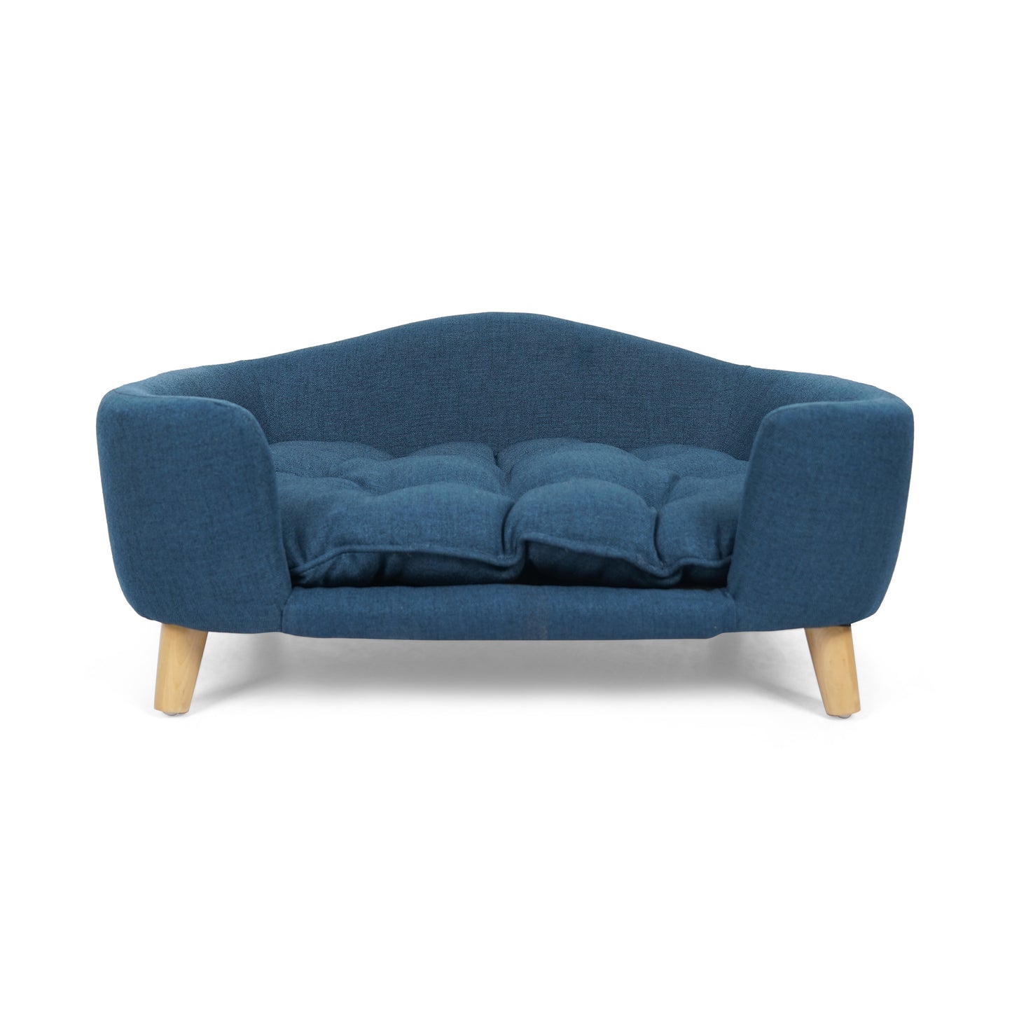 Blue fabric pet sofa with tufted cushion and wooden legs