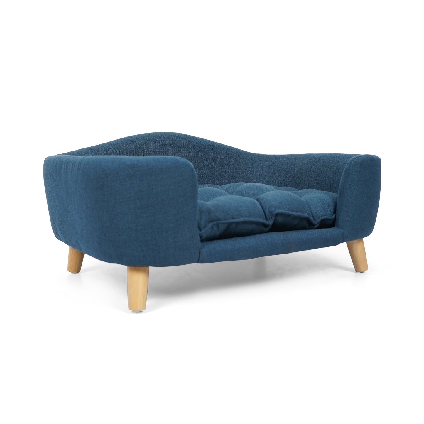 Blue tufted pet bed with wooden legs
