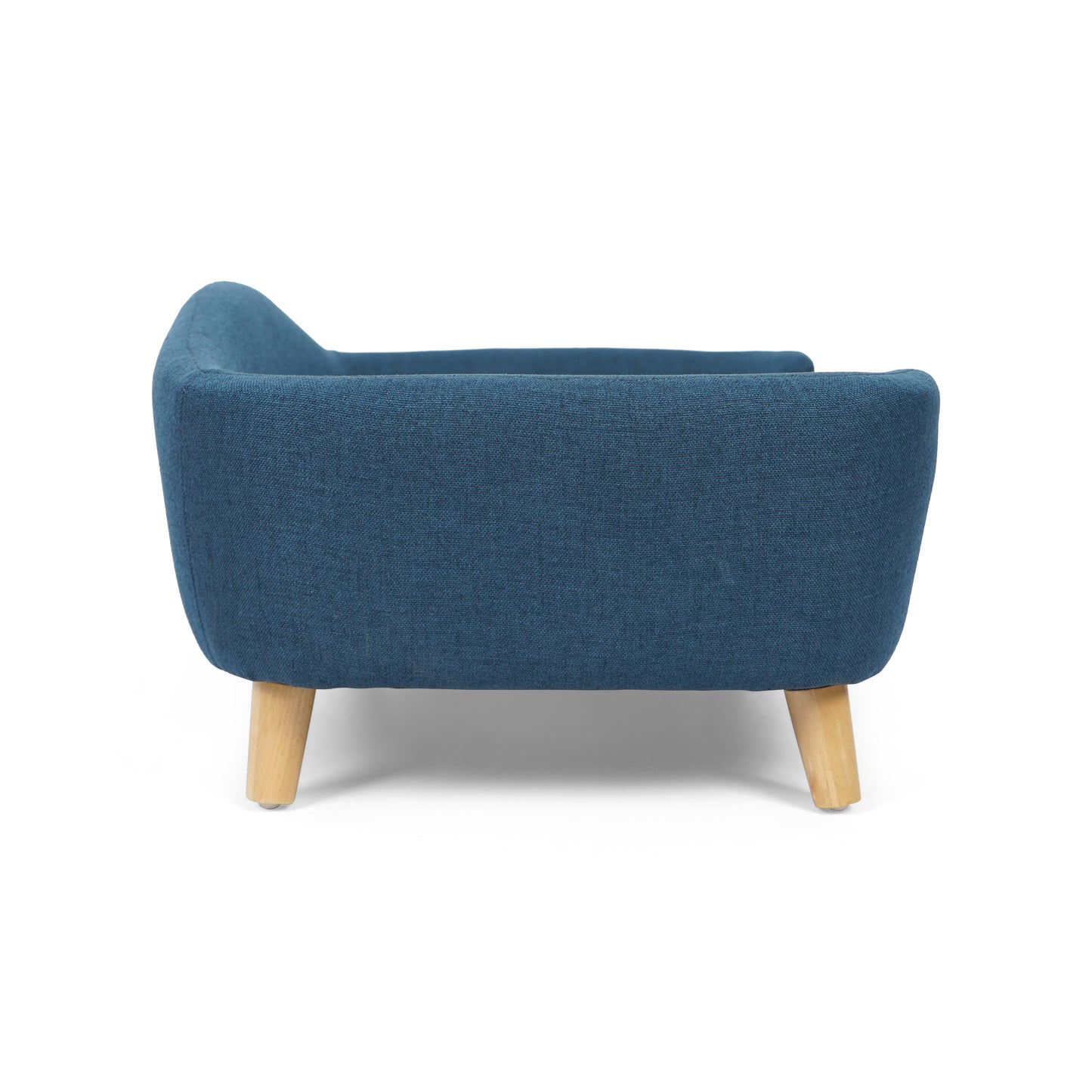Blue upholstered armchair with light wood legs