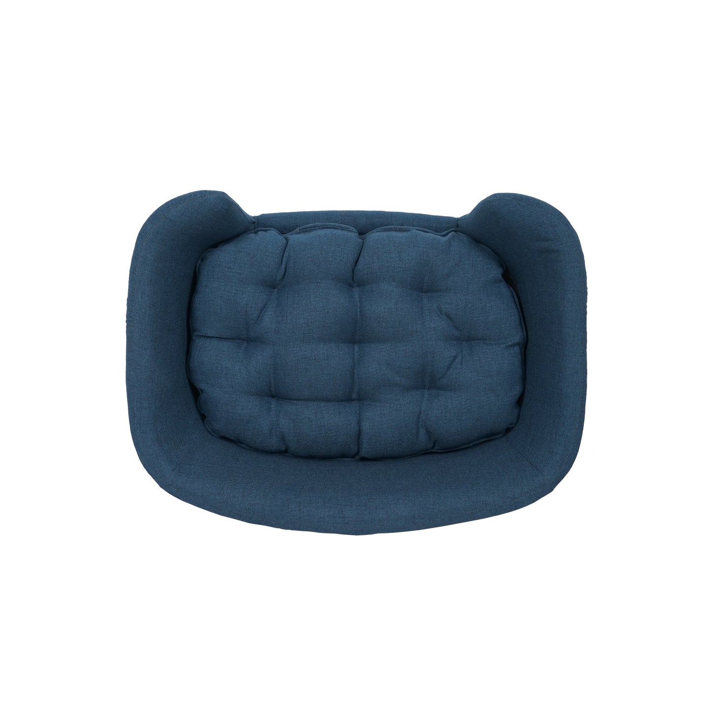 Tufted navy blue fabric pet bed with raised edges