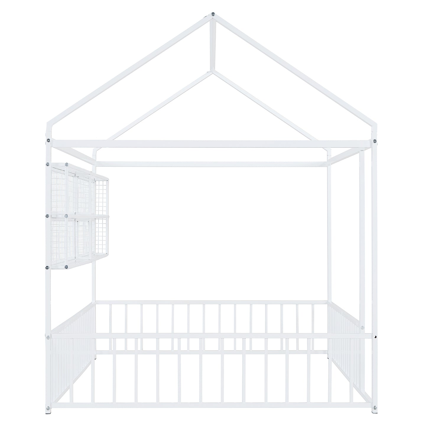 White metal house bed frame with railings and side storage baskets