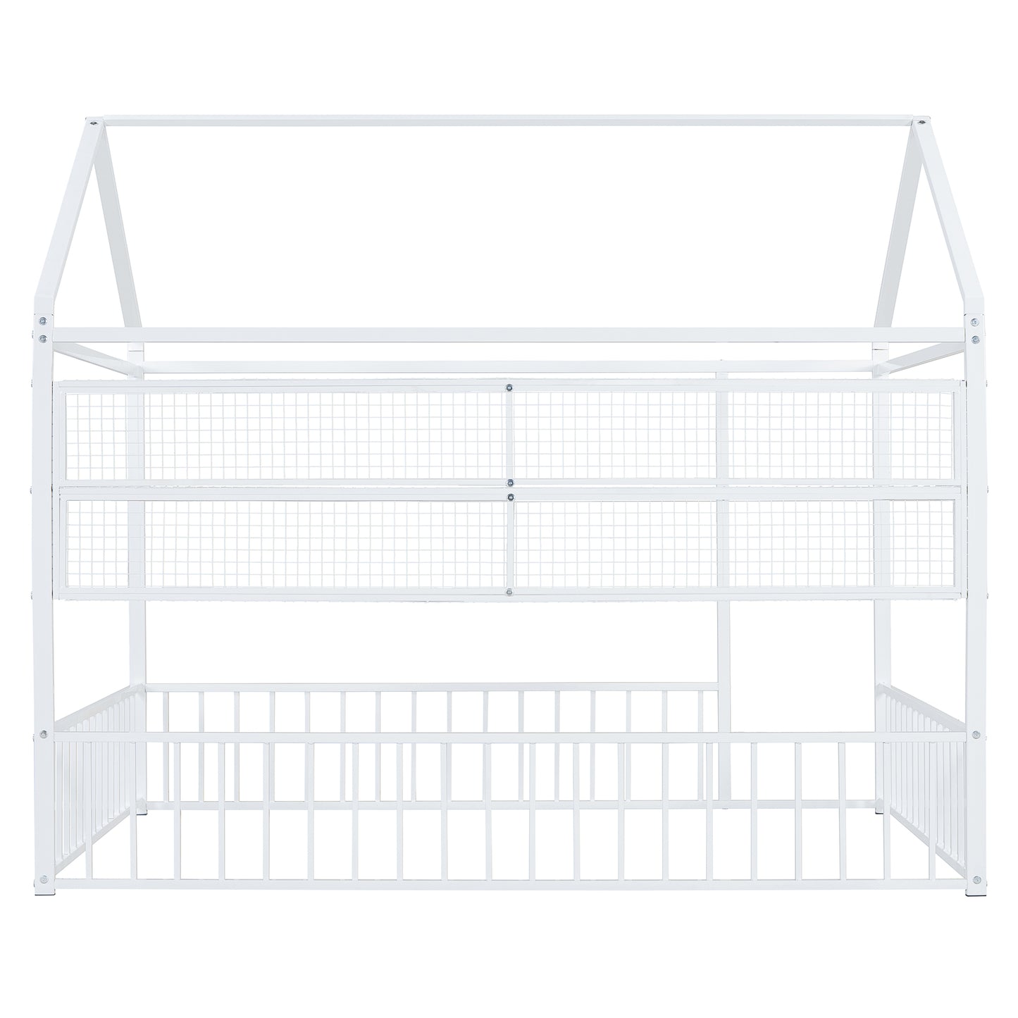 White metal house bed frame with playful design