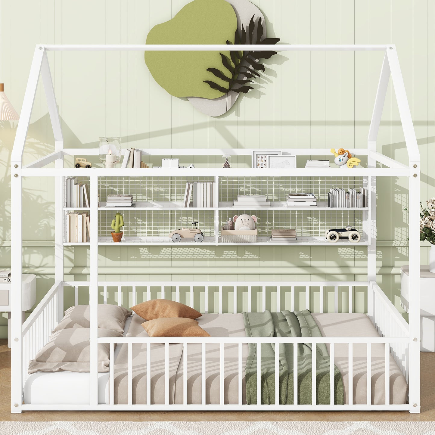 White metal house bed frame with integrated bookshelves