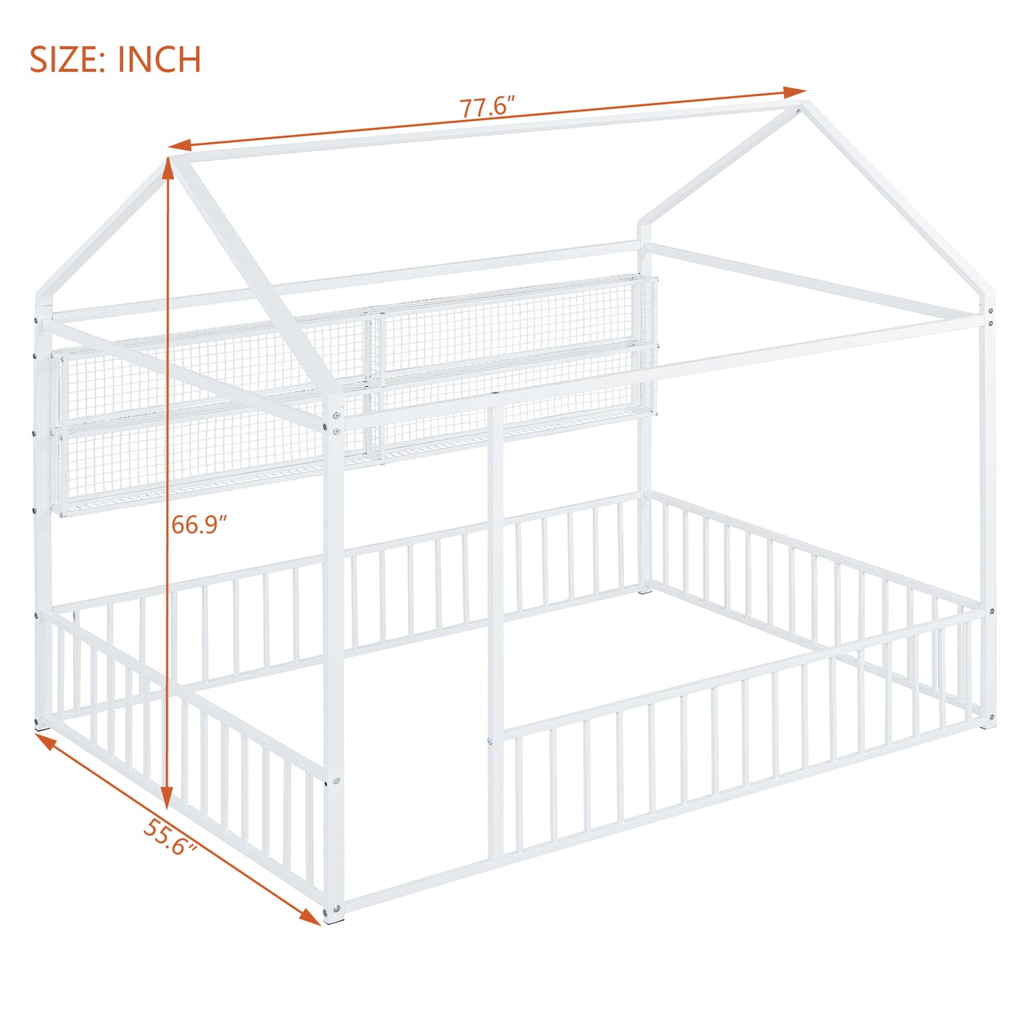 White metal house bed frame with fullsize dimensions and safety rails
