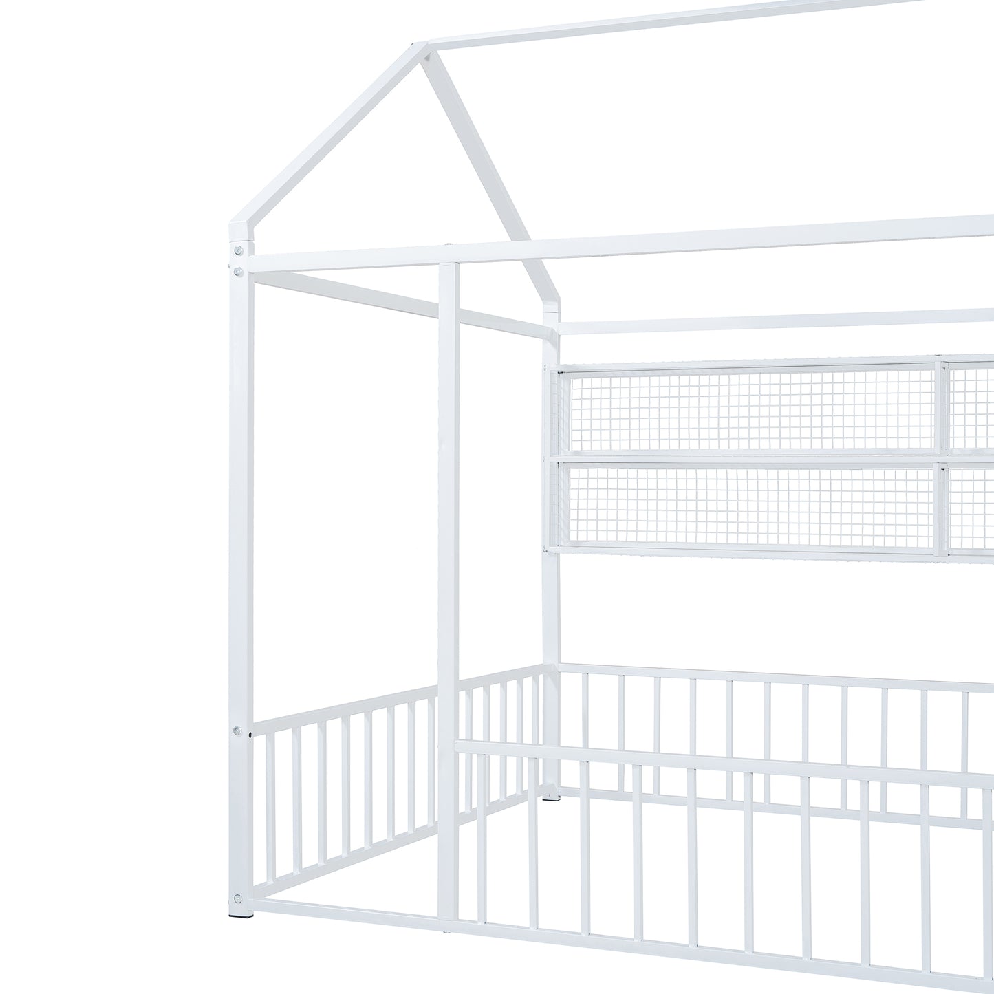 White metal house bed frame with slatted sides and a roof structure