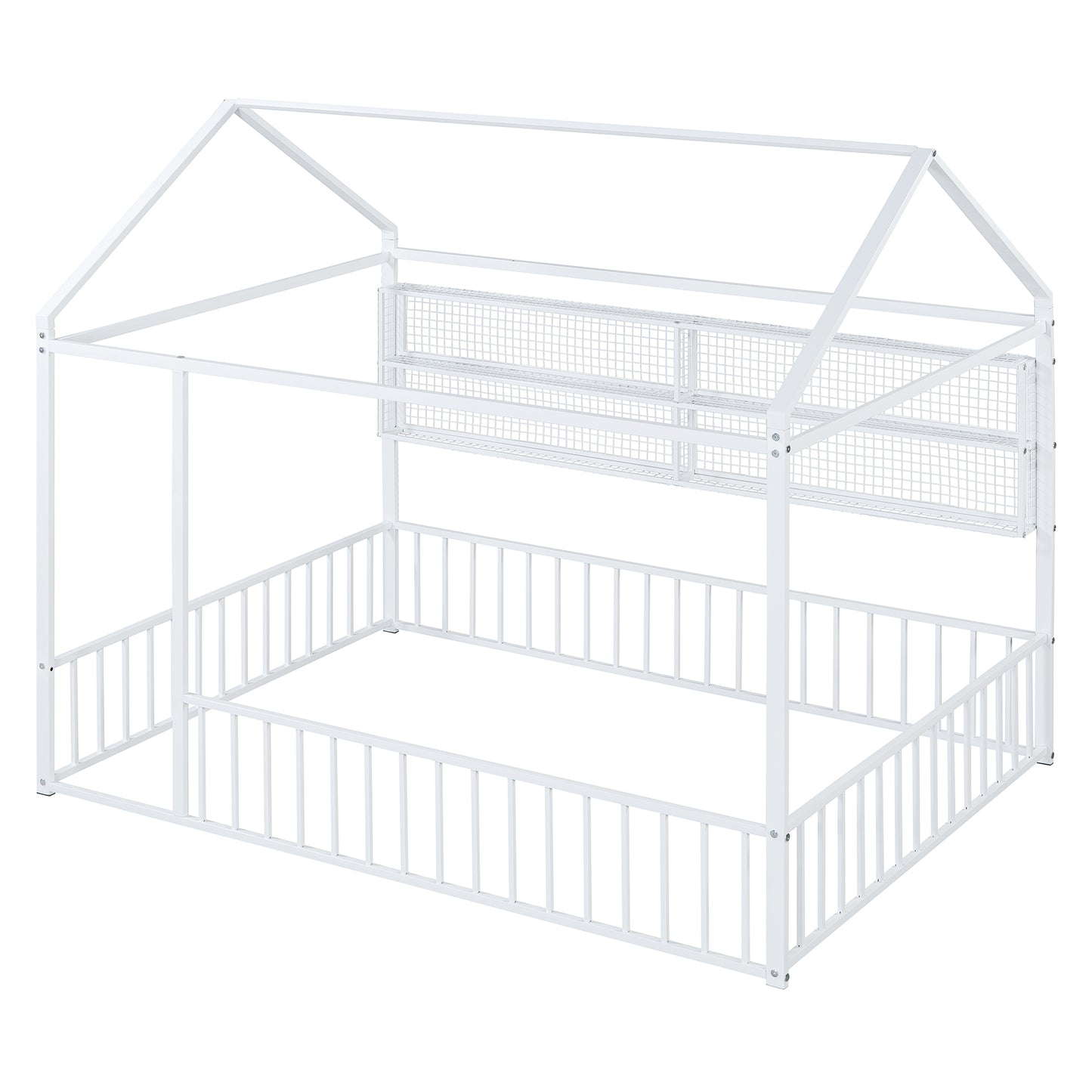 White metal house bed frame with safety rails and roof structure