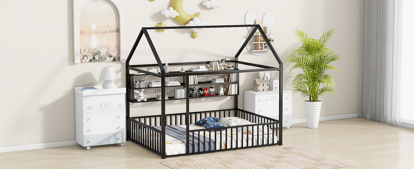 Black metal house frame toddler bed with attached shelves