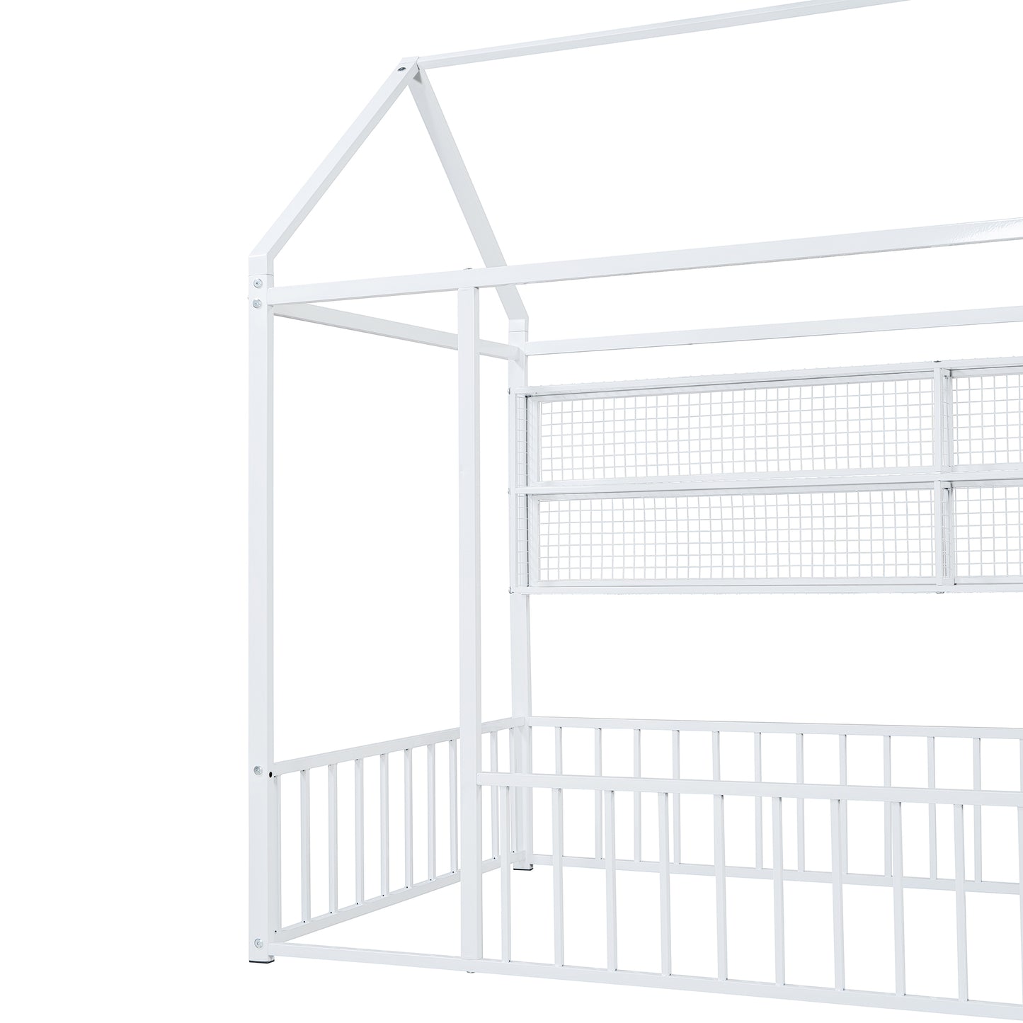 White metal canopy bed frame with houseshaped roof and safety rails