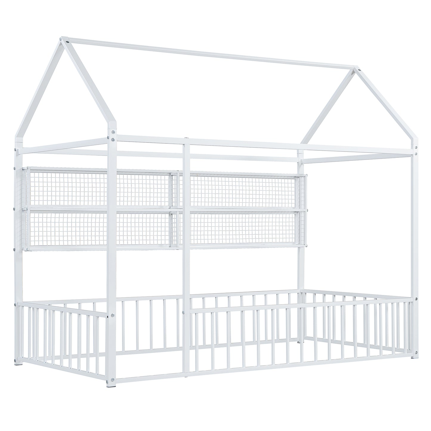 White metal house bed frame with fence and mesh shelves