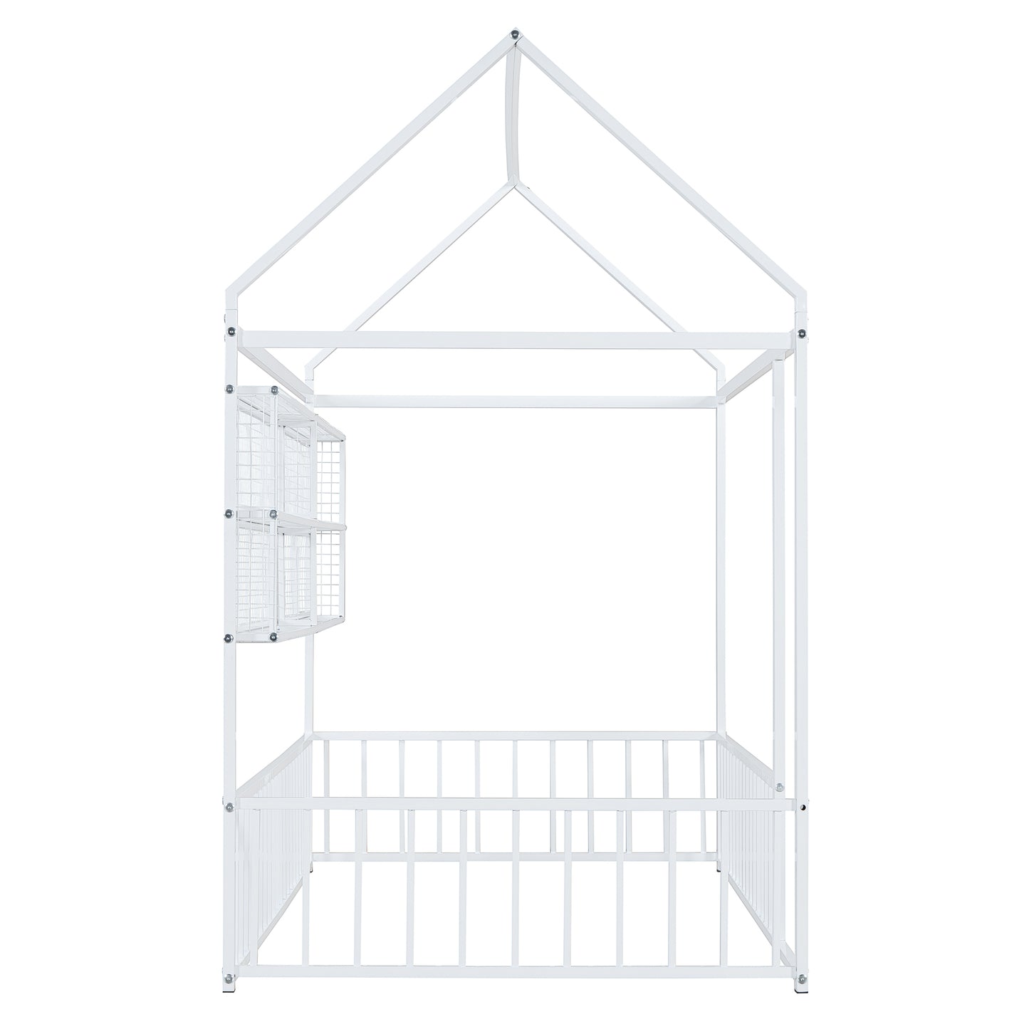 White metal house frame bed with attached wire storage baskets
