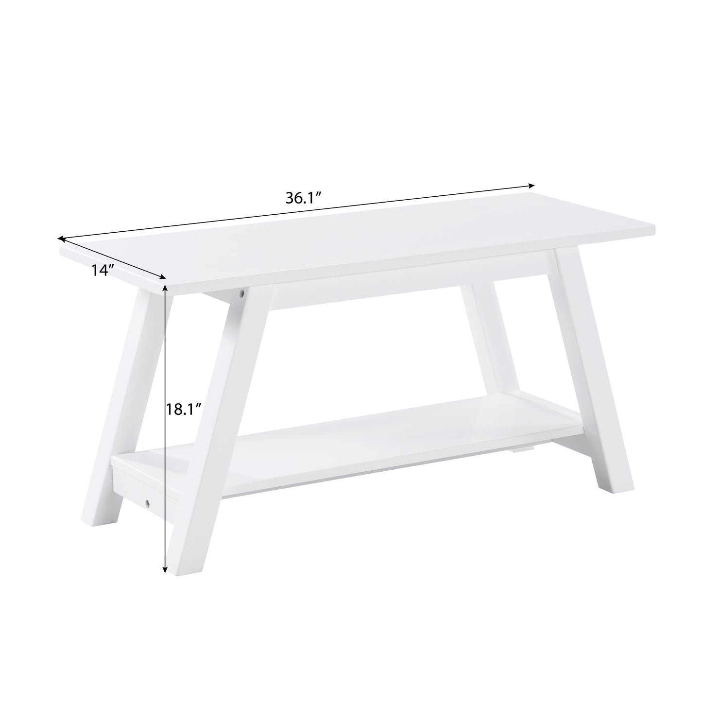 White wooden coffee table with lower shelf and Aframe legs