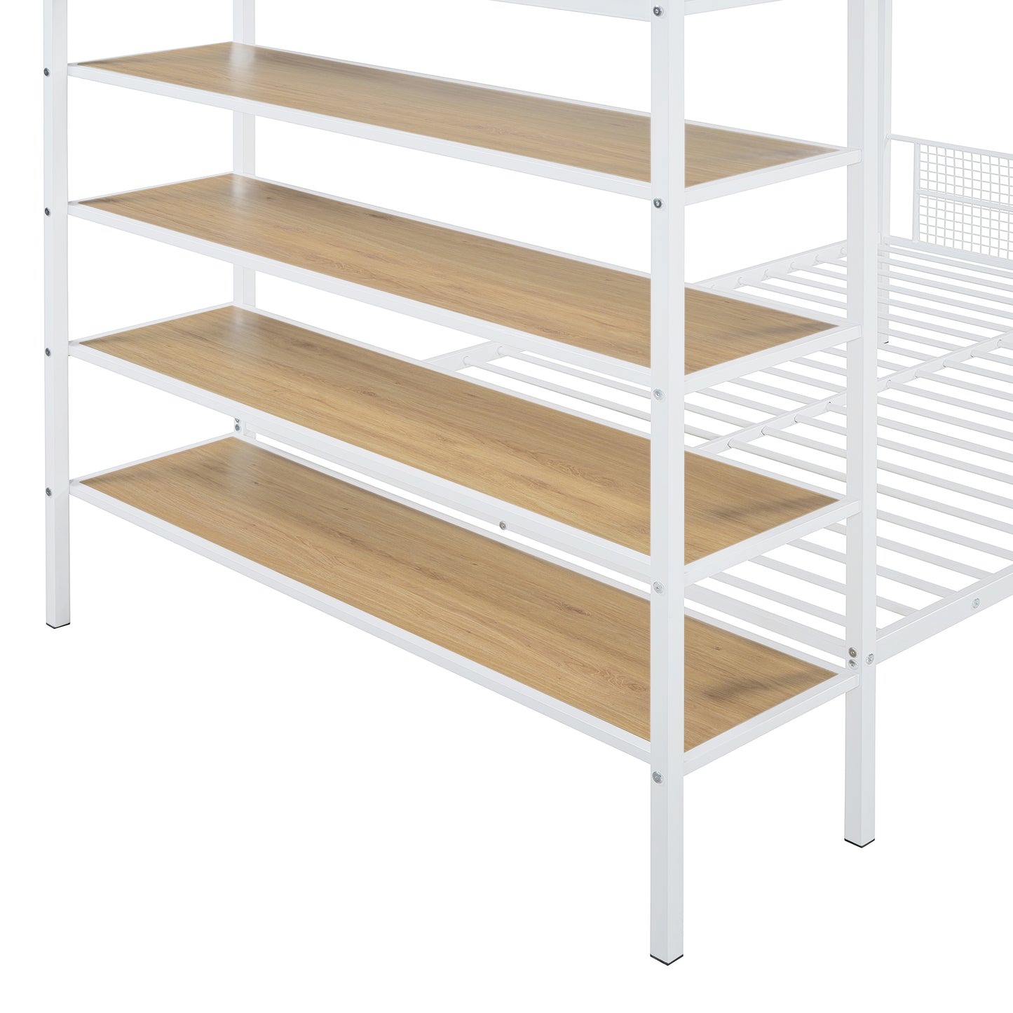 White metal bunk bed frame with four light oak wood shelves