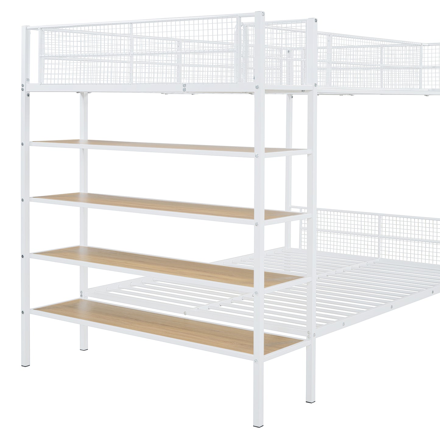 White metal twin bunk bed with integrated shelving