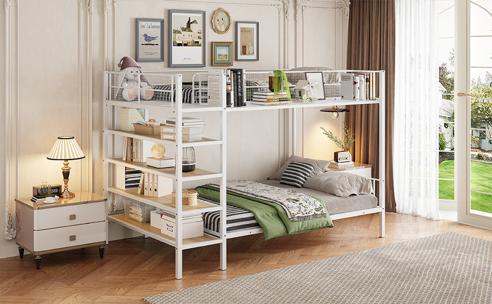 White metal bunk bed with storage shelves and bedding