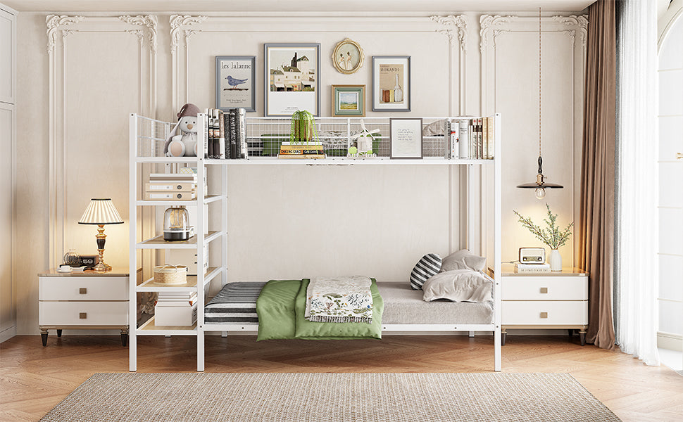 White metal twin bunk bed with ladder and storage shelves