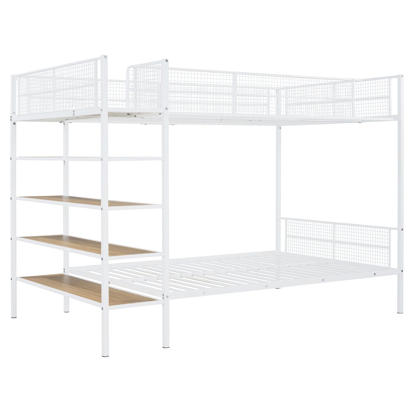 White metal bunk bed with ladder and builtin shelves