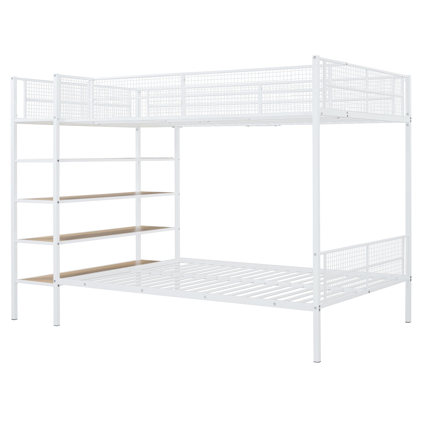 White metal twin over twin bunk bed with builtin shelving