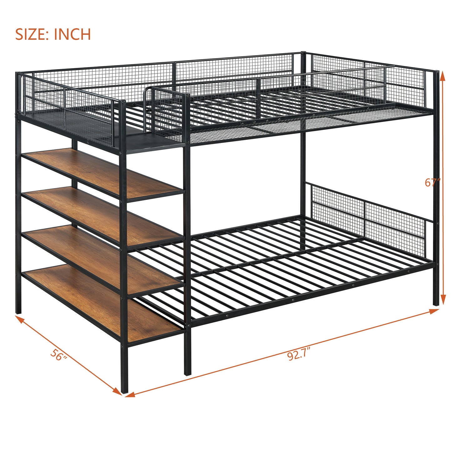 Black metal bunk bed with attached shelving