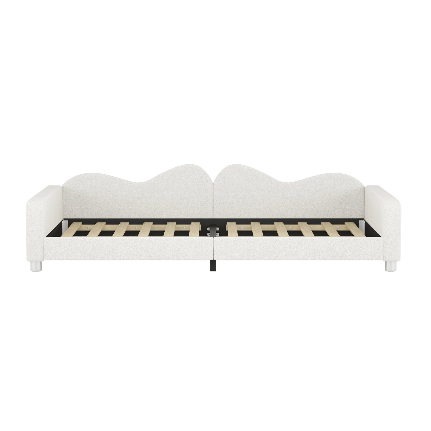 White upholstered daybed with plush fabric and modern wave design