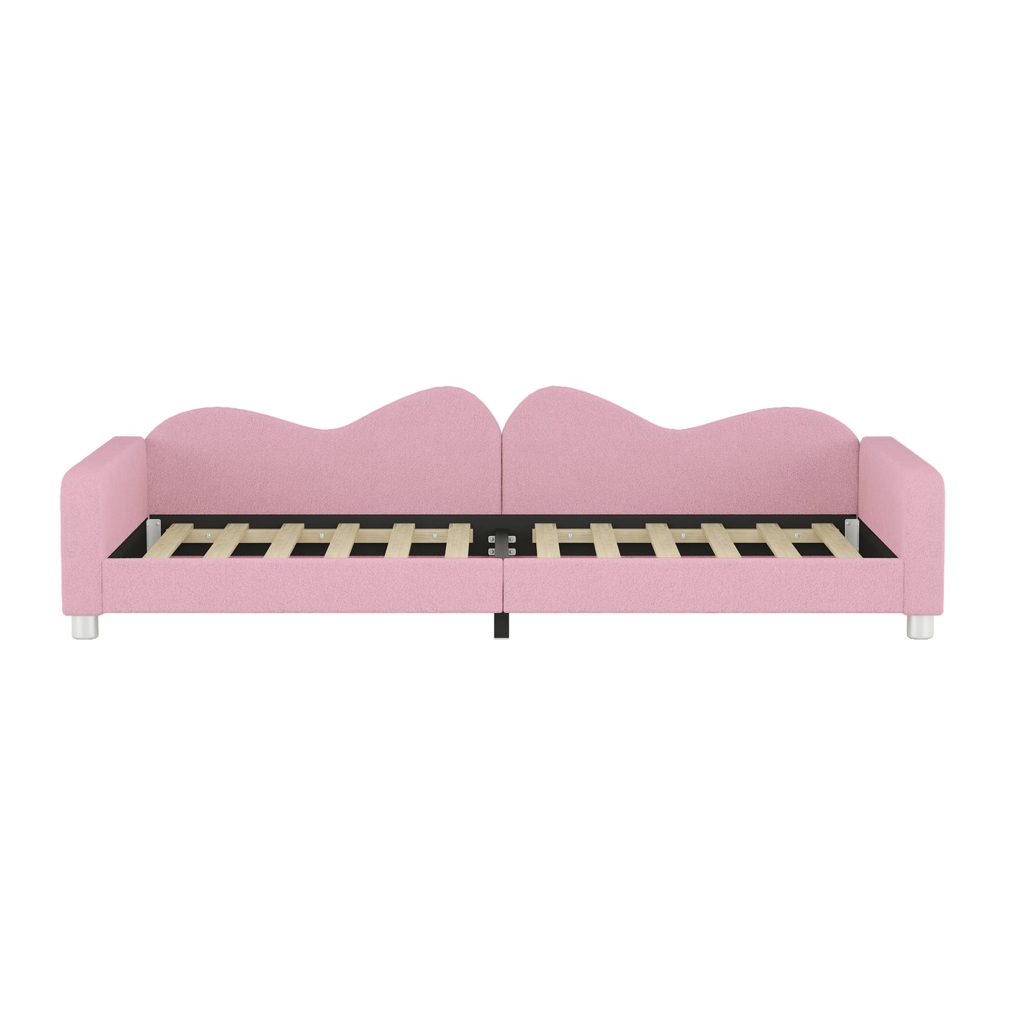 Pink upholstered twin daybed with waveshaped backrests and slatted base