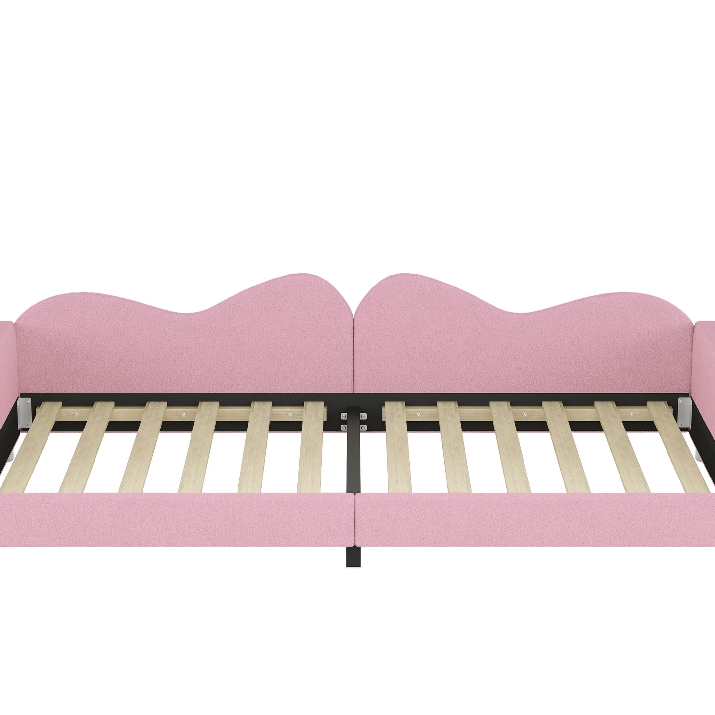 Pink upholstered daybed frame with wooden slats and curved headboard design