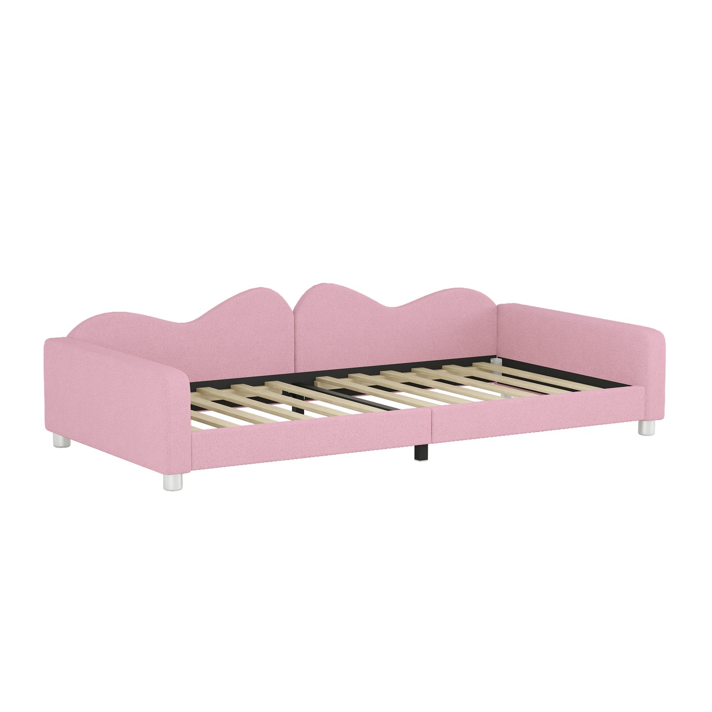 Pink upholstered daybed with waveshaped backrest and exposed wooden slats