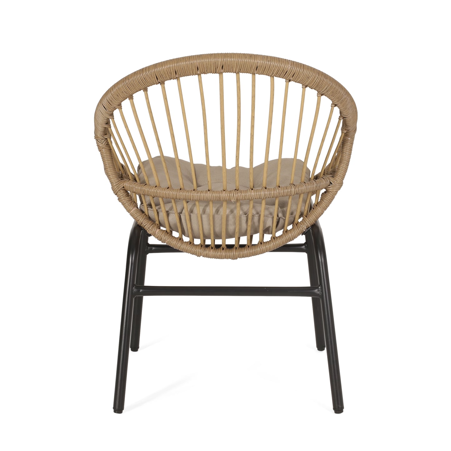 Round wicker accent chair with tan cushion and black metal legs