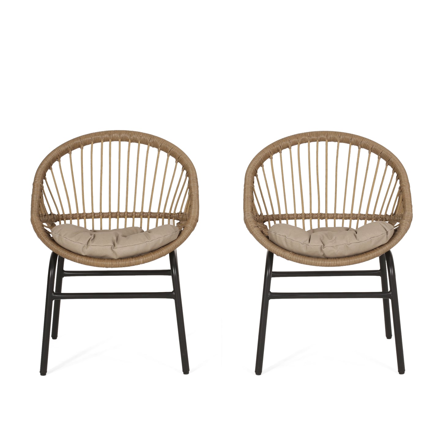 Woven rattan armchair with beige cushion and black metal legs
