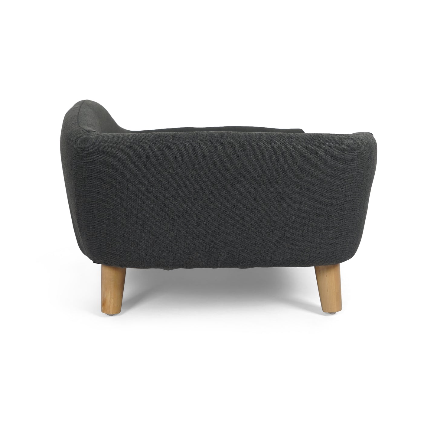 Dark grey upholstered armchair with tapered wooden legs