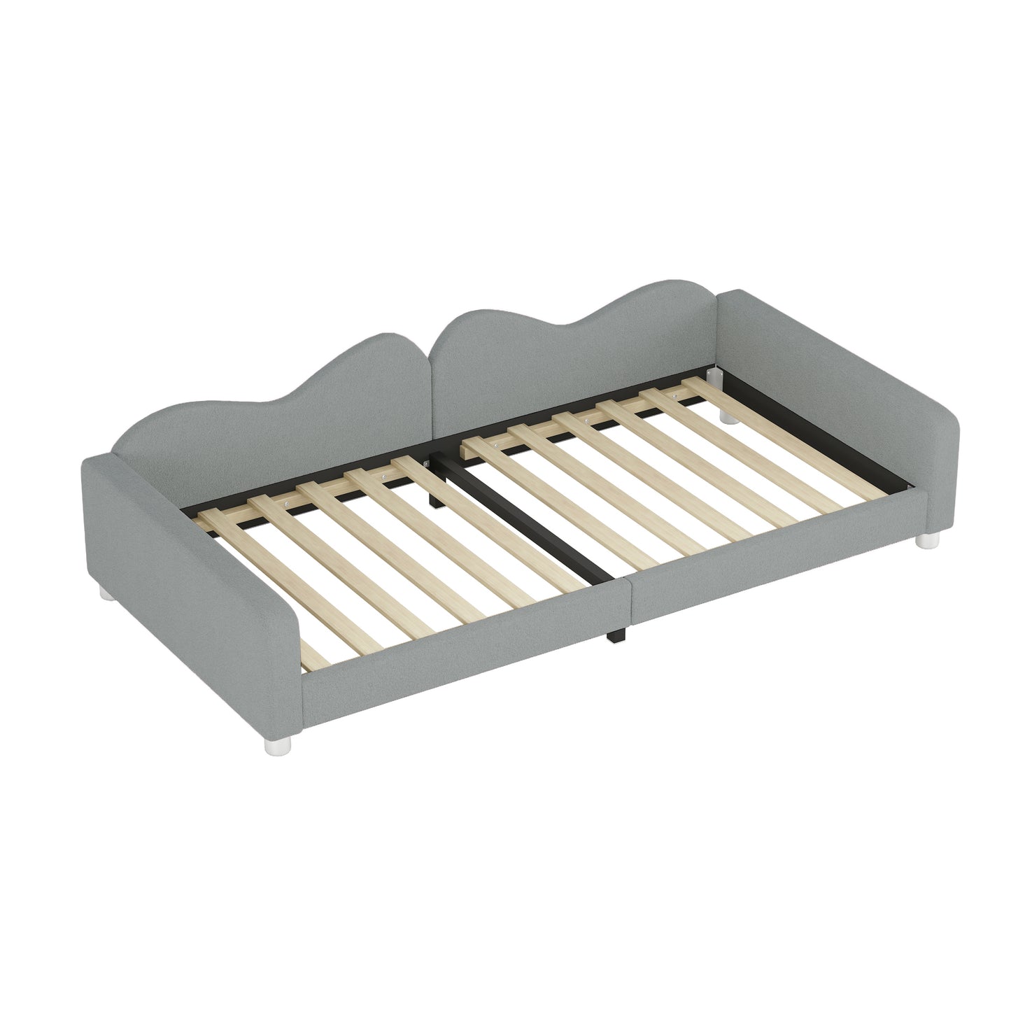 Grey upholstered daybed frame with wooden slats and white feet