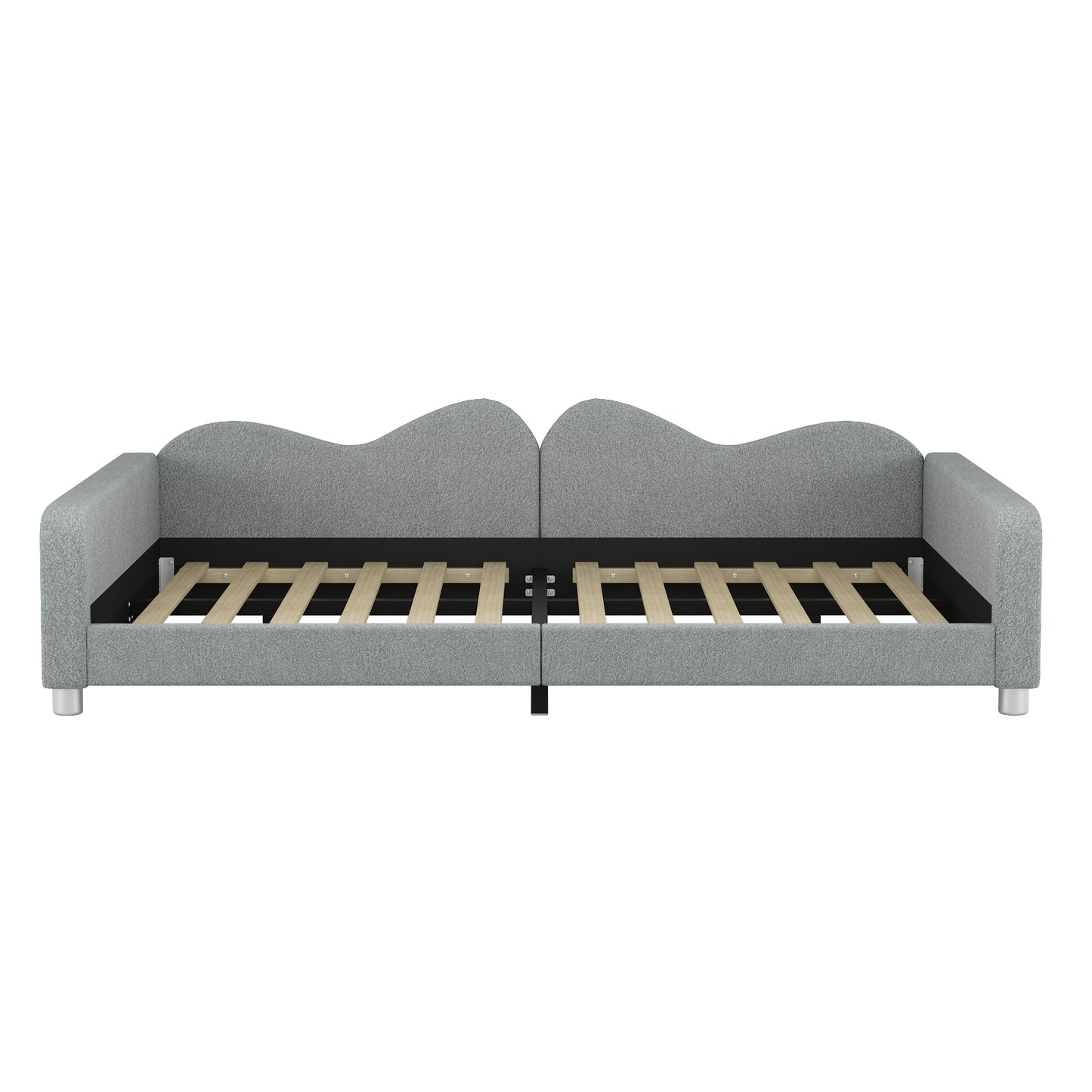 Grey fabric upholstered daybed with wavy headboard and wooden slat support