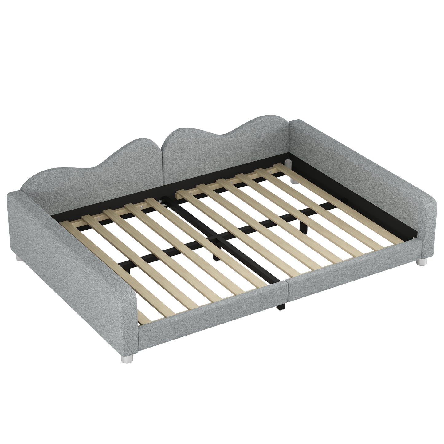 Grey upholstered bed frame with scalloped headboard and wooden slats