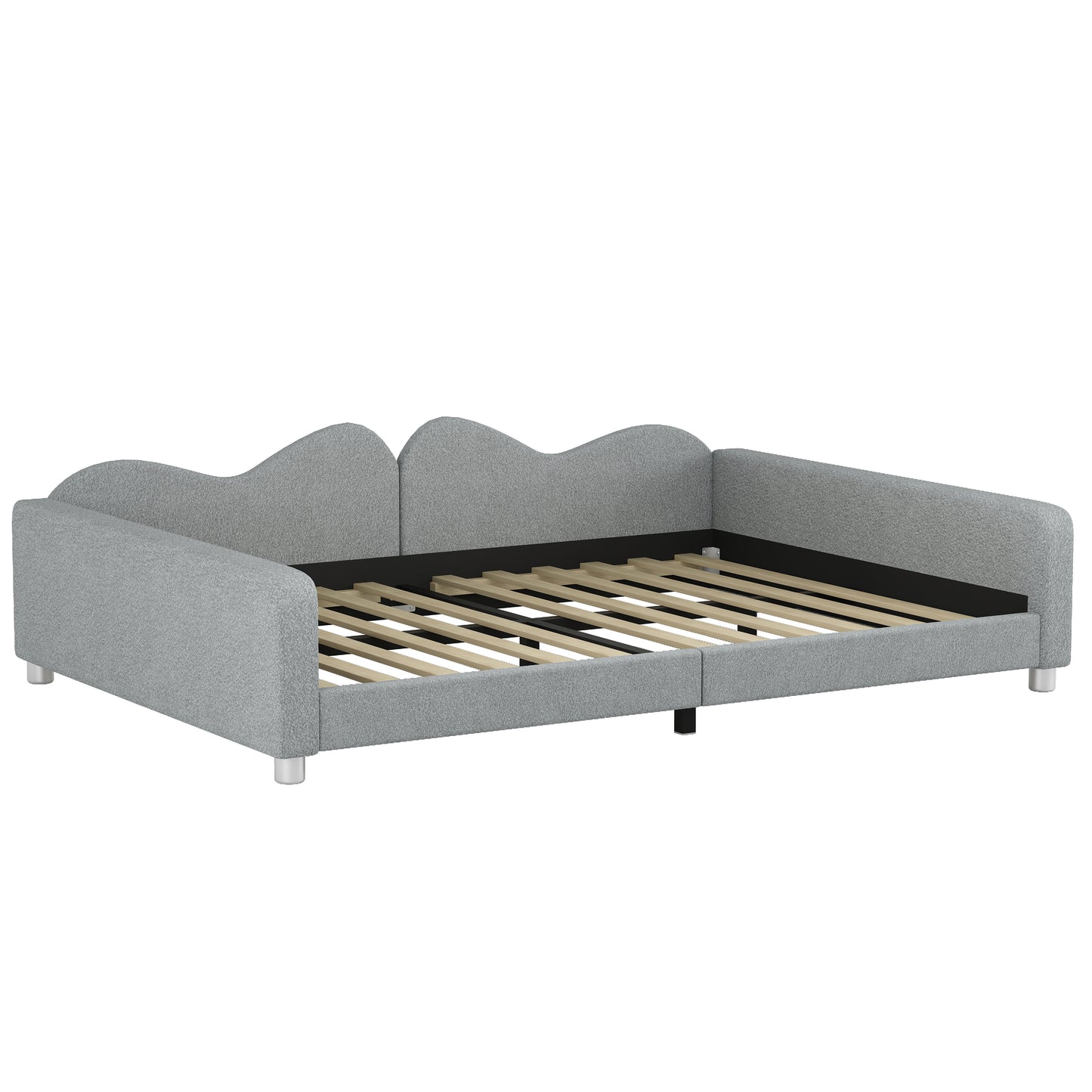 Grey upholstered platform bed frame with curved headboard and slatted support