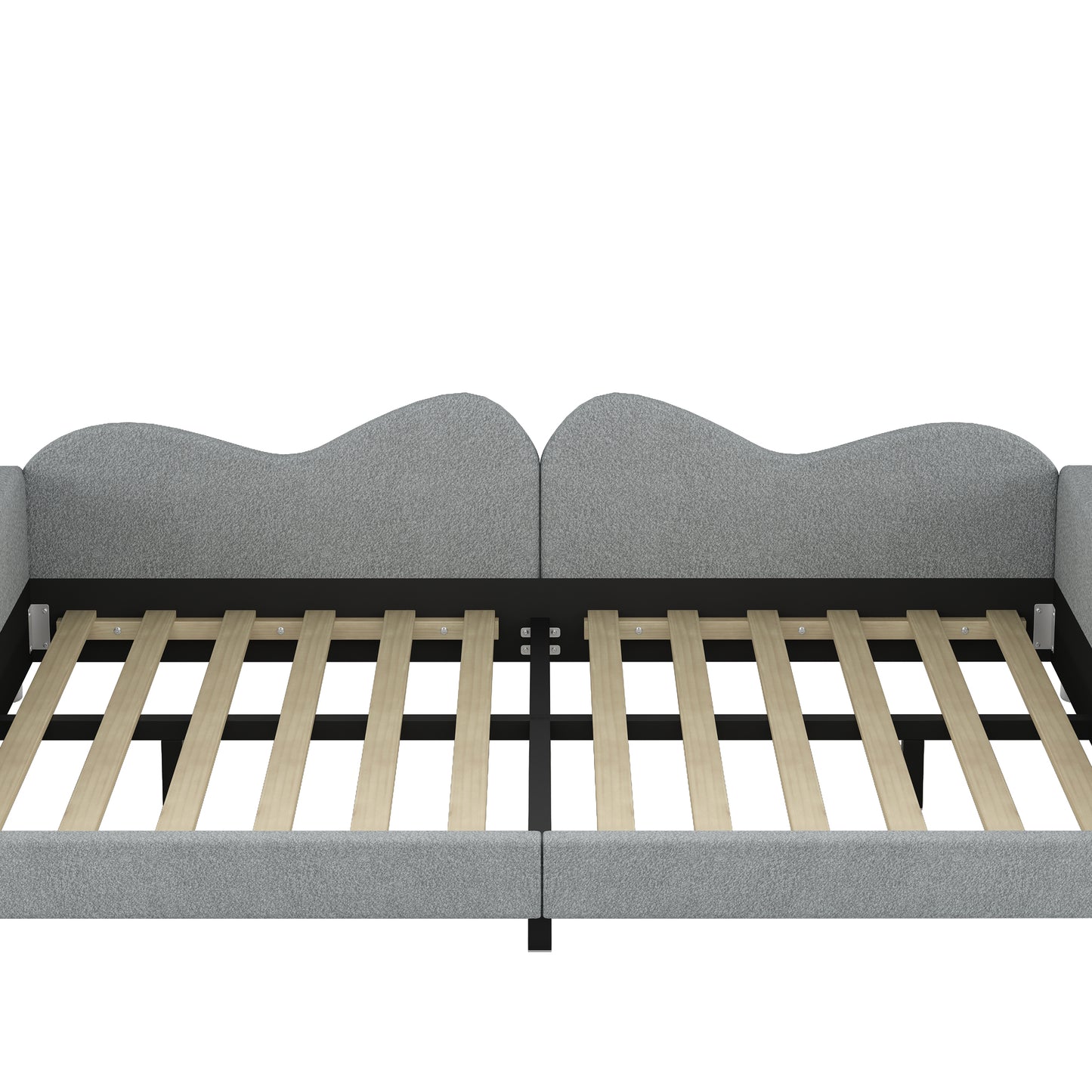 Gray upholstered bed frame with wooden slats