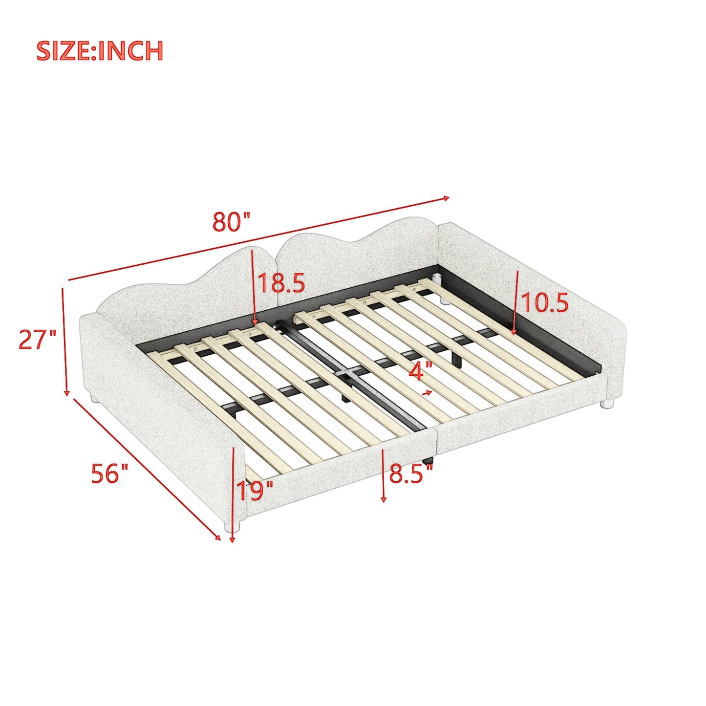 Light grey upholstered platform bed frame with visible wooden slats