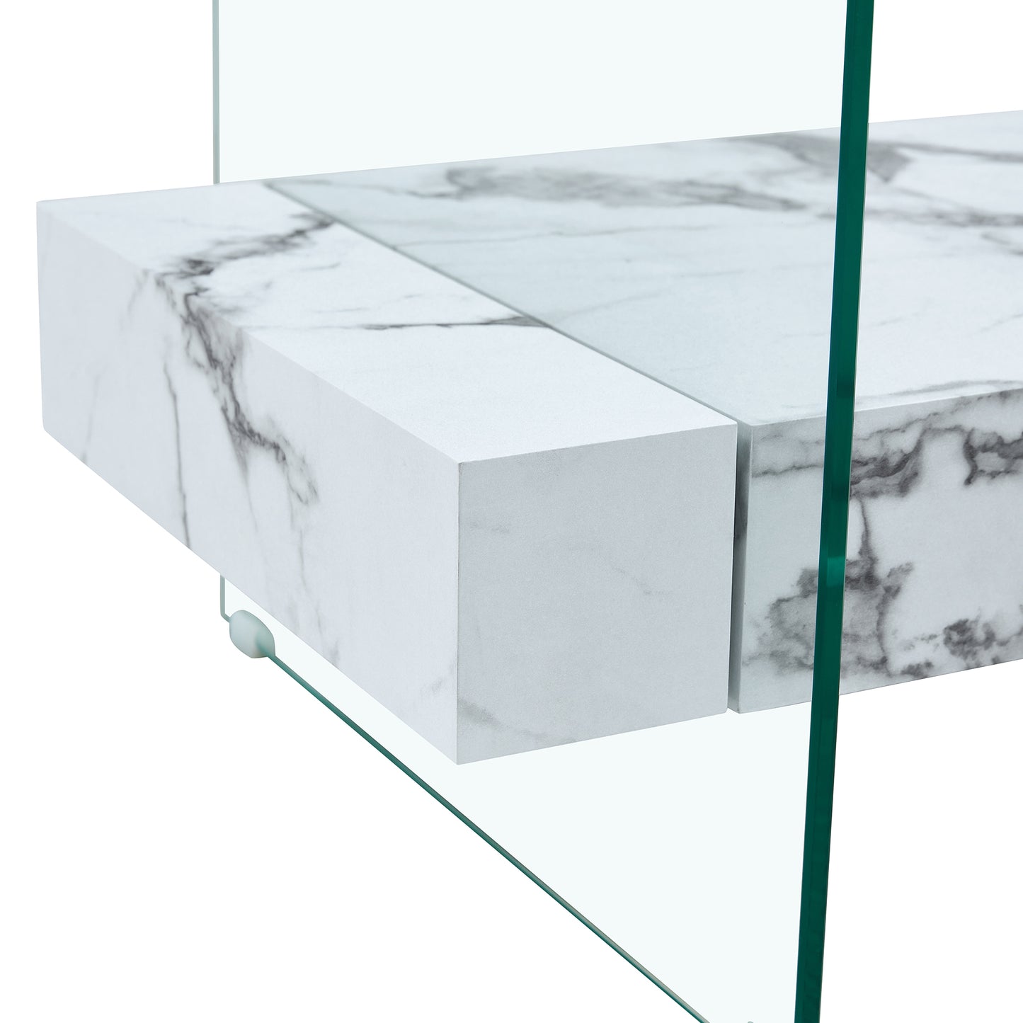 White marble effect shelf with subtle gray veining and clear glass side panel