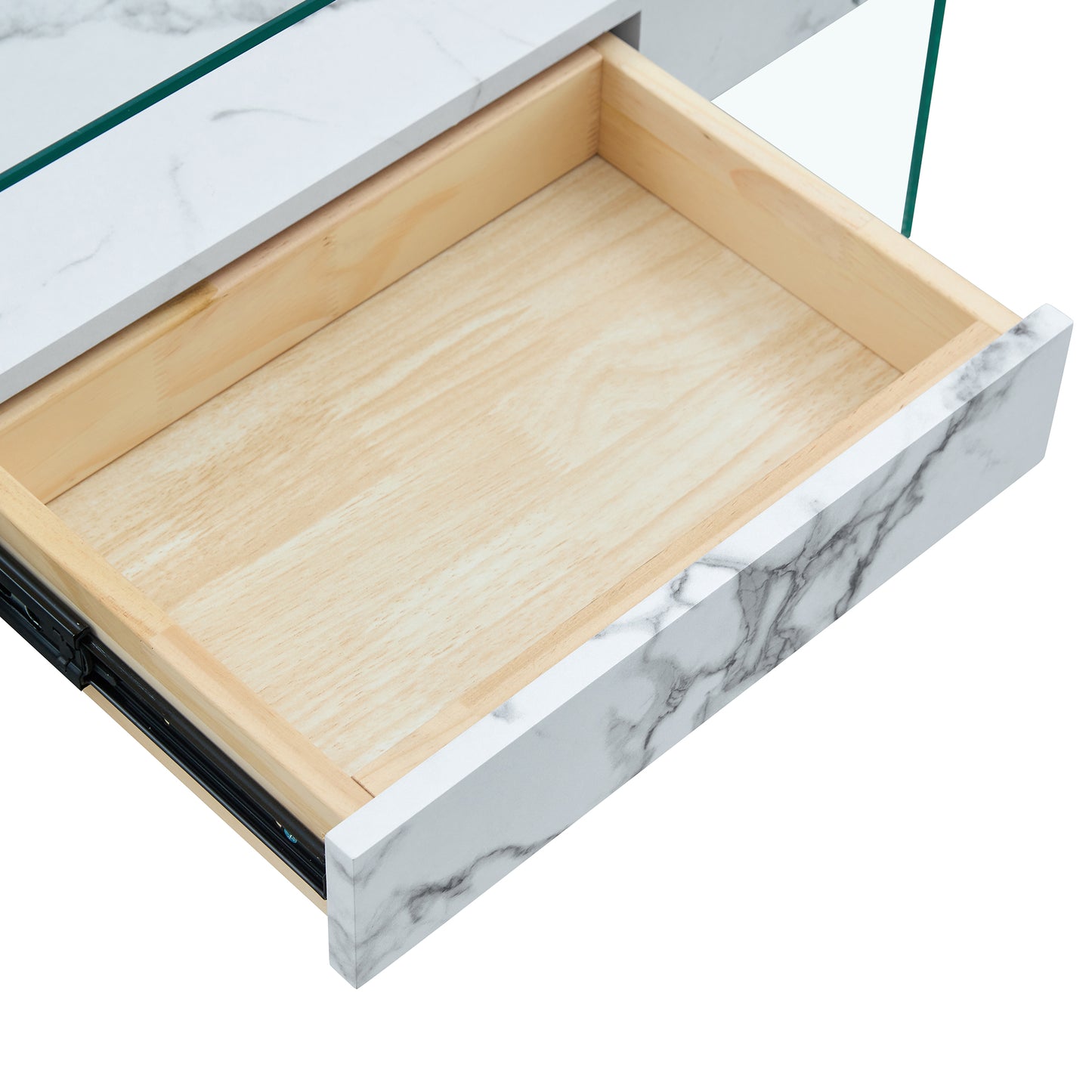 White marble vanity drawer with natural wood interior and black metal glides